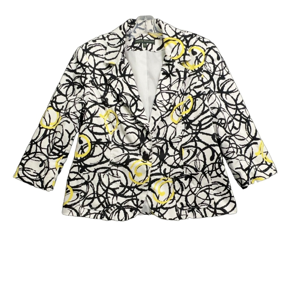 Harve Benard Womens Blazer Large L Black Yellow Abstract Twill Button Jacket
